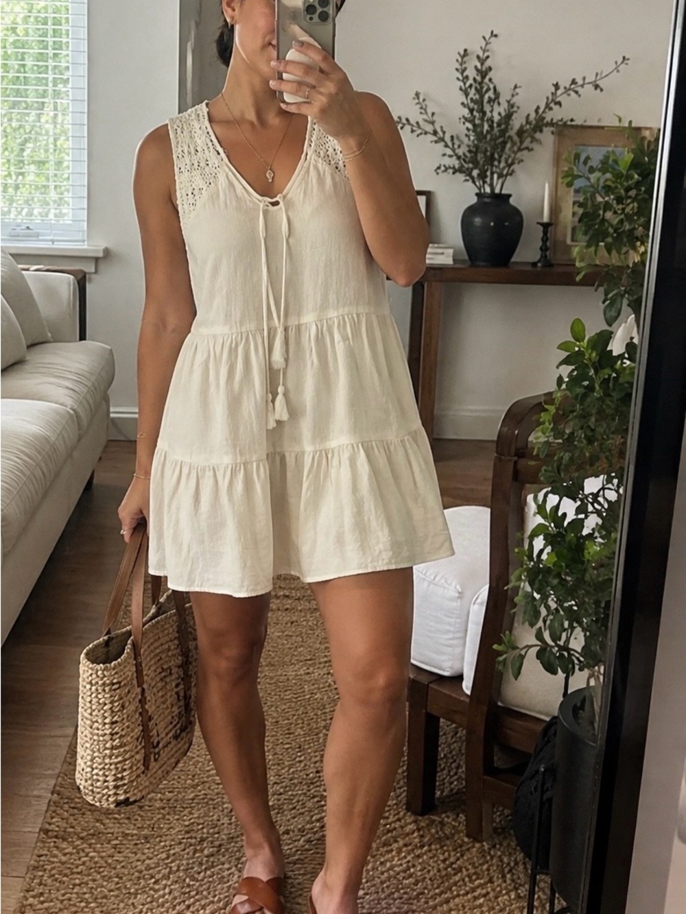 Altar'd State Cream Lace Yoke Tiered Mini Dress